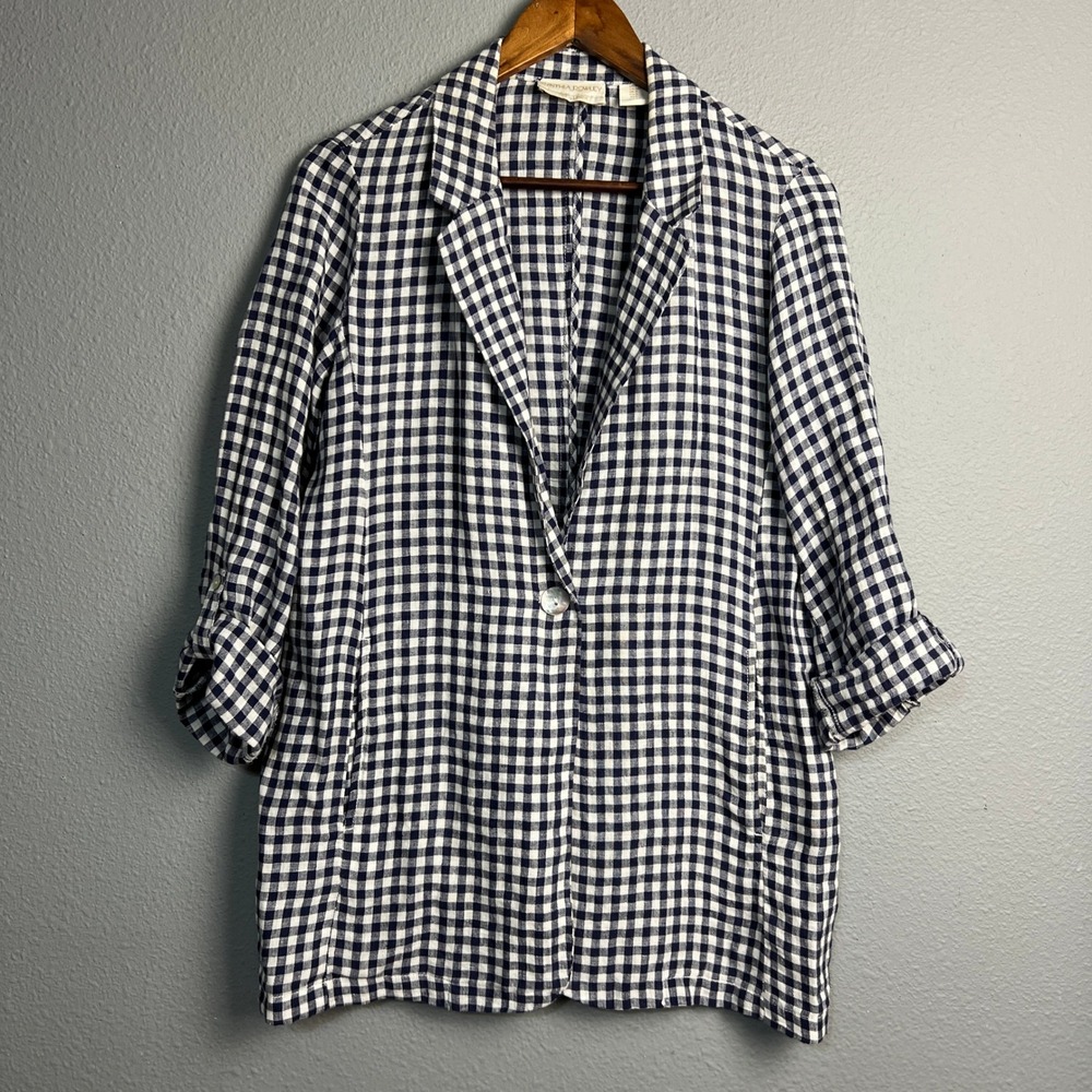Cynthia Rowley Linen Blazer Jacket Small Blue White‎ Check Gingham Career Casual